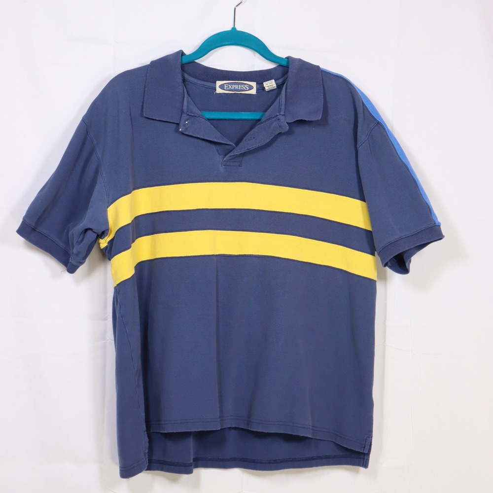 Express Polo Shirt Mens Large Blue Yellow Striped Vintage 90s Short‎ Sleeve Top
